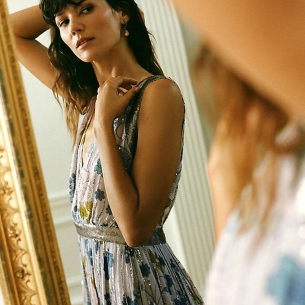 Anthropologie Sylvia blush pink silver Beaded Fringe midi Dress NWT $428 plus 22